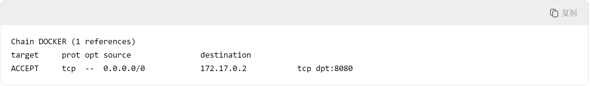 iptables 里的一个名为 DOCKER 的「规则链」，Docker 会自动在这里添加端口转发和访问控制规则，用来处理容器的网络流量。